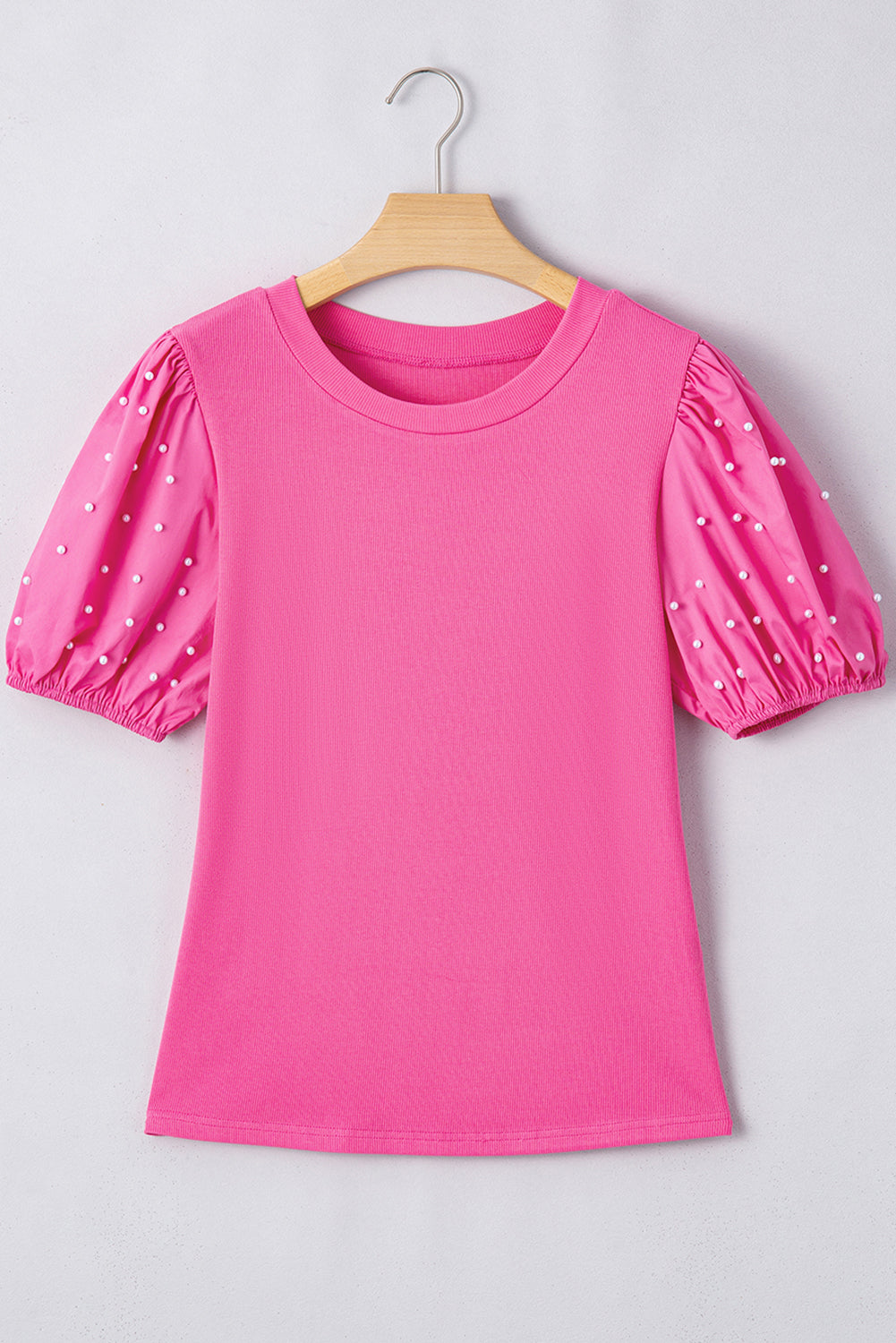 Bright Pink Ribbed Pearl Beaded Puff Sleeve Top Blouses & Shirts JT's Designer Fashion