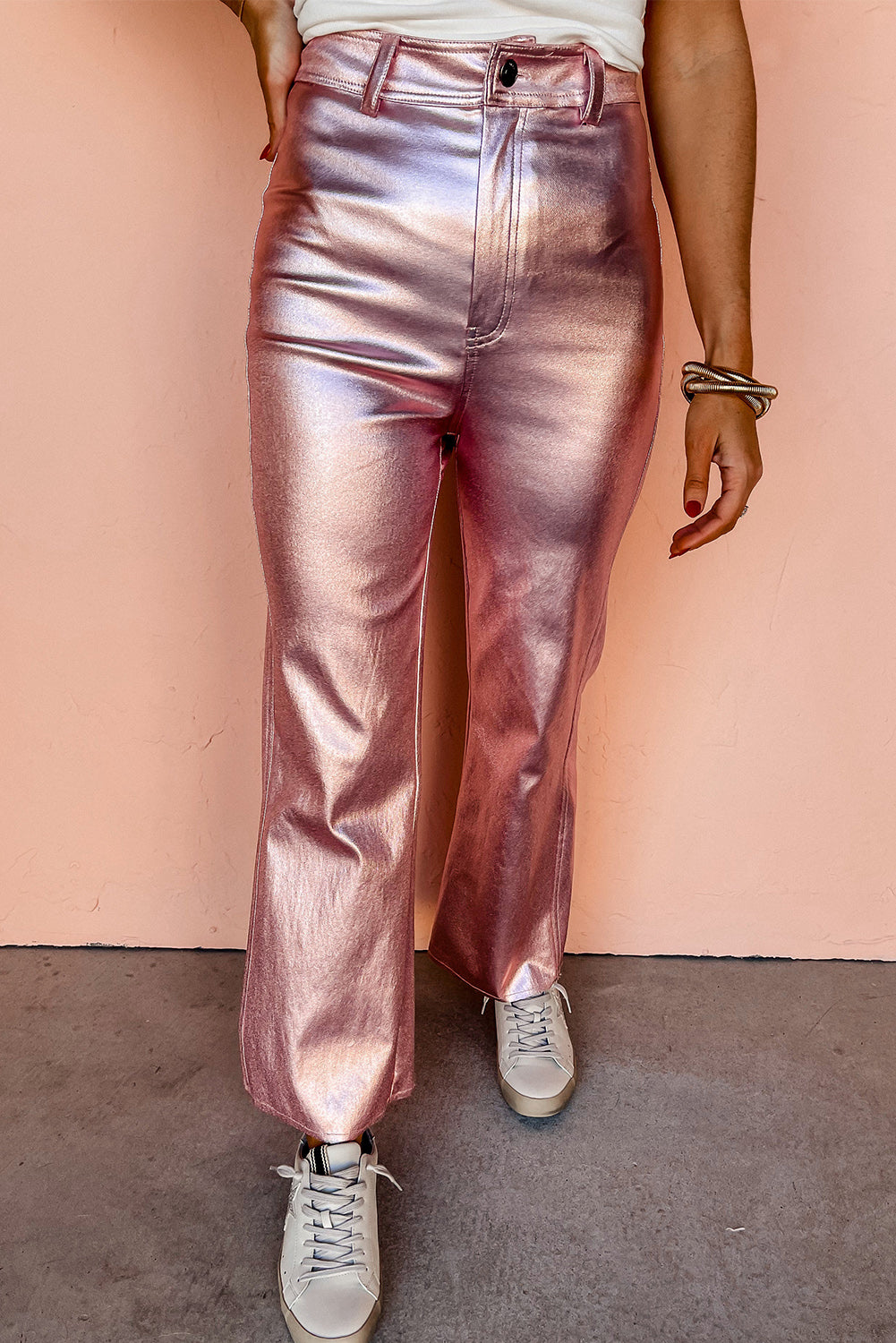 Pink Metallic Luster Flare Leg Pants Bottoms JT's Designer Fashion