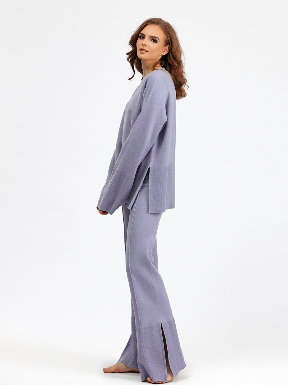 Slit Round Neck Long Sleeve Top and Drawstring Pants Sweater Set Dusty Blue One Size Pants Sets JT's Designer Fashion