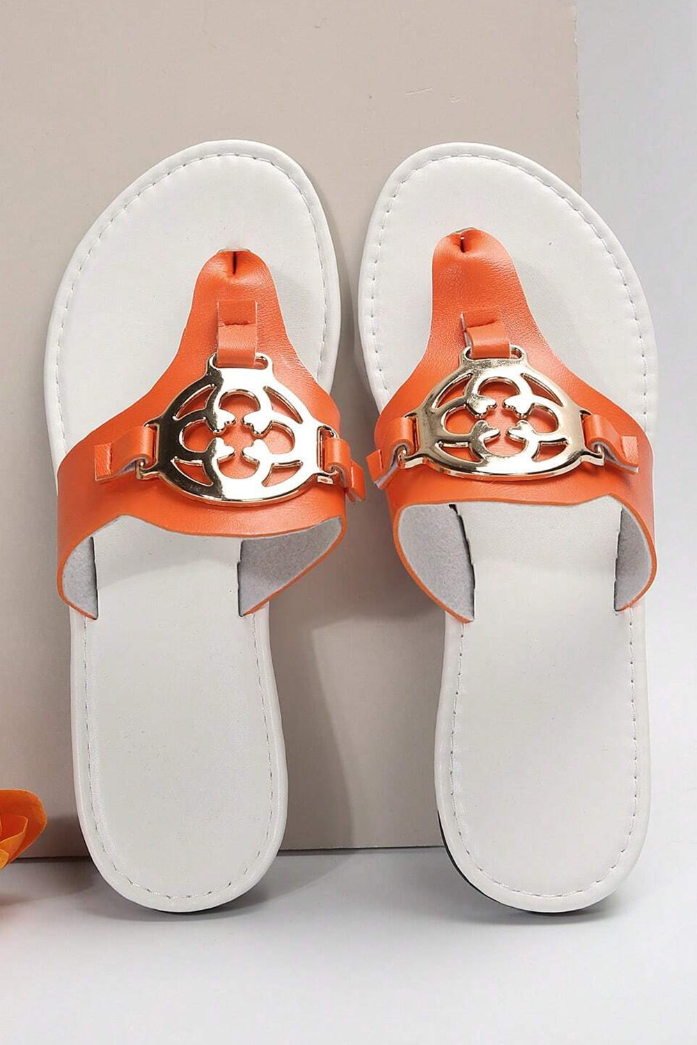 Grapefruit Orange Metal Décor Leather Thong Slippers Slippers JT's Designer Fashion