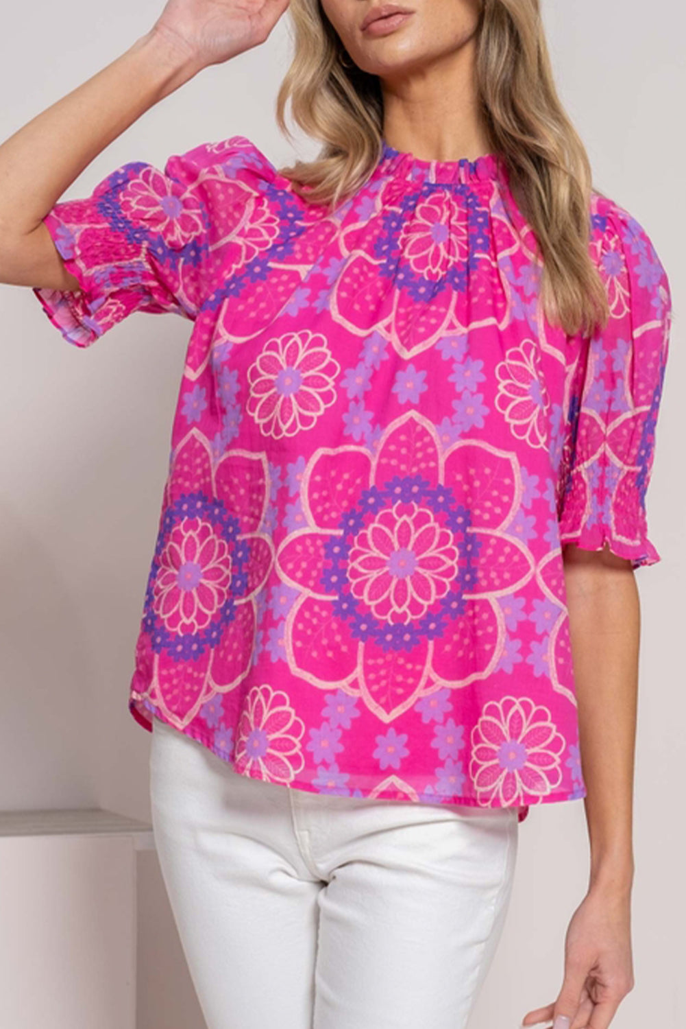 Rose Floral Print Frilled Neck Smocked Puff Sleeve Blouse Blouses & Shirts JT's Designer Fashion