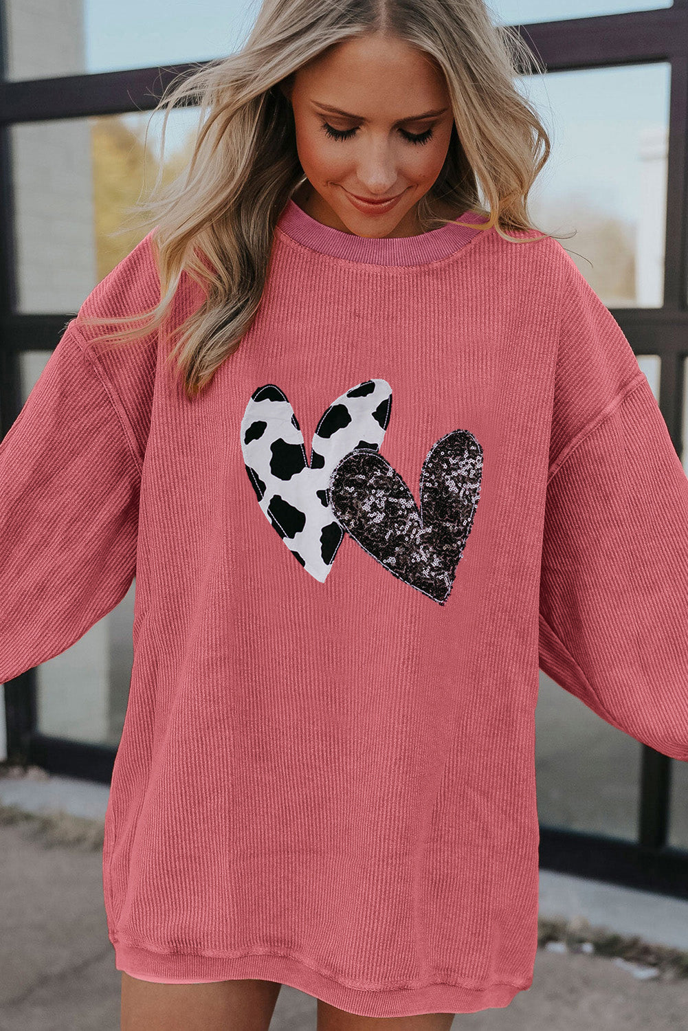 Strawberry Pink Leopard Sequin Heart Graphic Corded Sweatshirt Graphic Sweatshirts JT's Designer Fashion