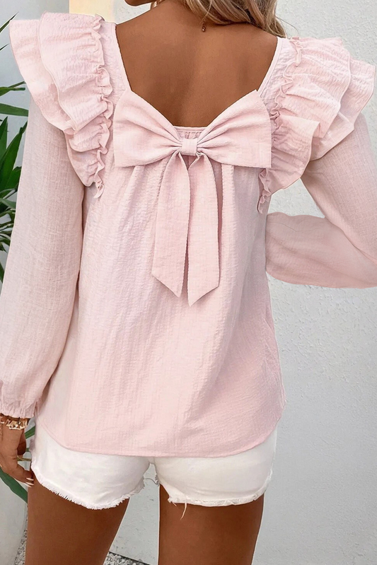 Gossamer Pink Bow Knot Decor Tiered Ruffled Square Neck Blouse Pre Order Tops JT's Designer Fashion