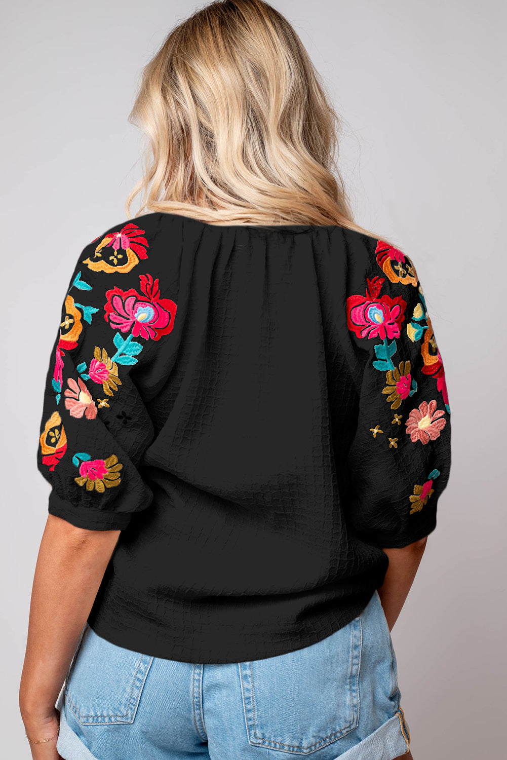 Black Floral Embroidered Ricrac Puff Sleeve Textured Blouse Pre Order Tops JT's Designer Fashion