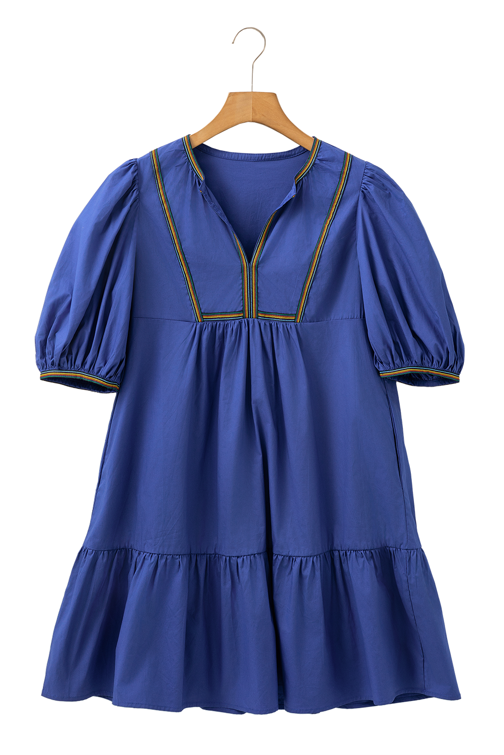 Bluing Colorful Striped Trim Puff Sleeve Pleated Mini Dress Mini Dresses JT's Designer Fashion