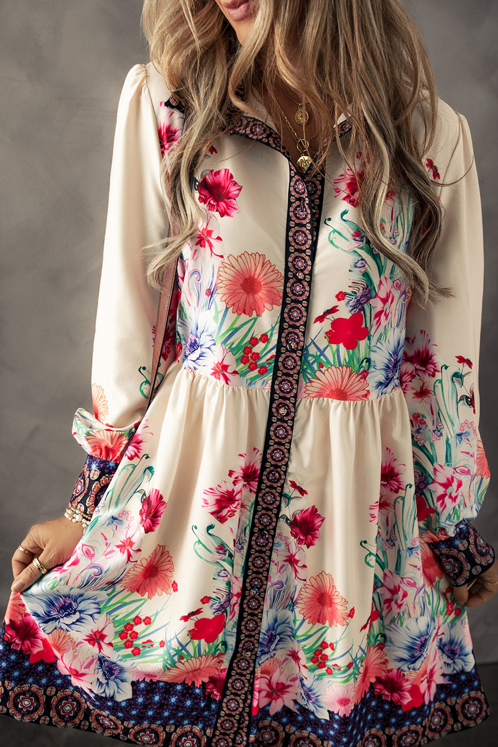 Apricot Floral Print Buttoned High Waist Shirt Mini Dress Mini Dresses JT's Designer Fashion