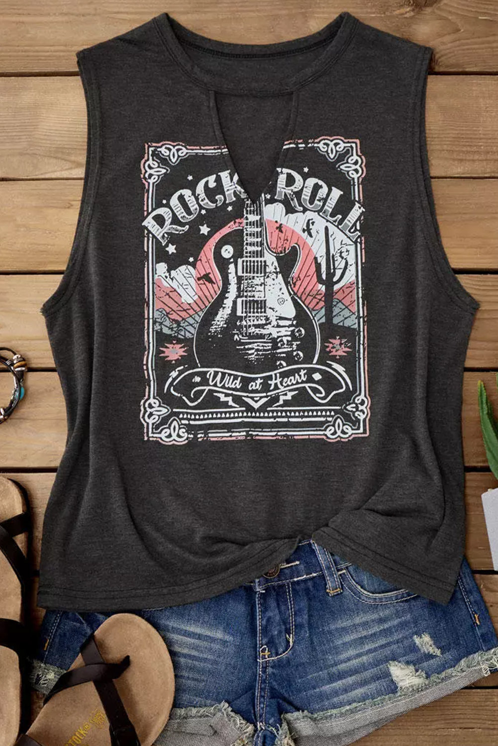 Carbon Grey Rock Roll Wild At Heart Musical Graphic Keyhole Neck Tank Top Pre Order Tops JT's Designer Fashion