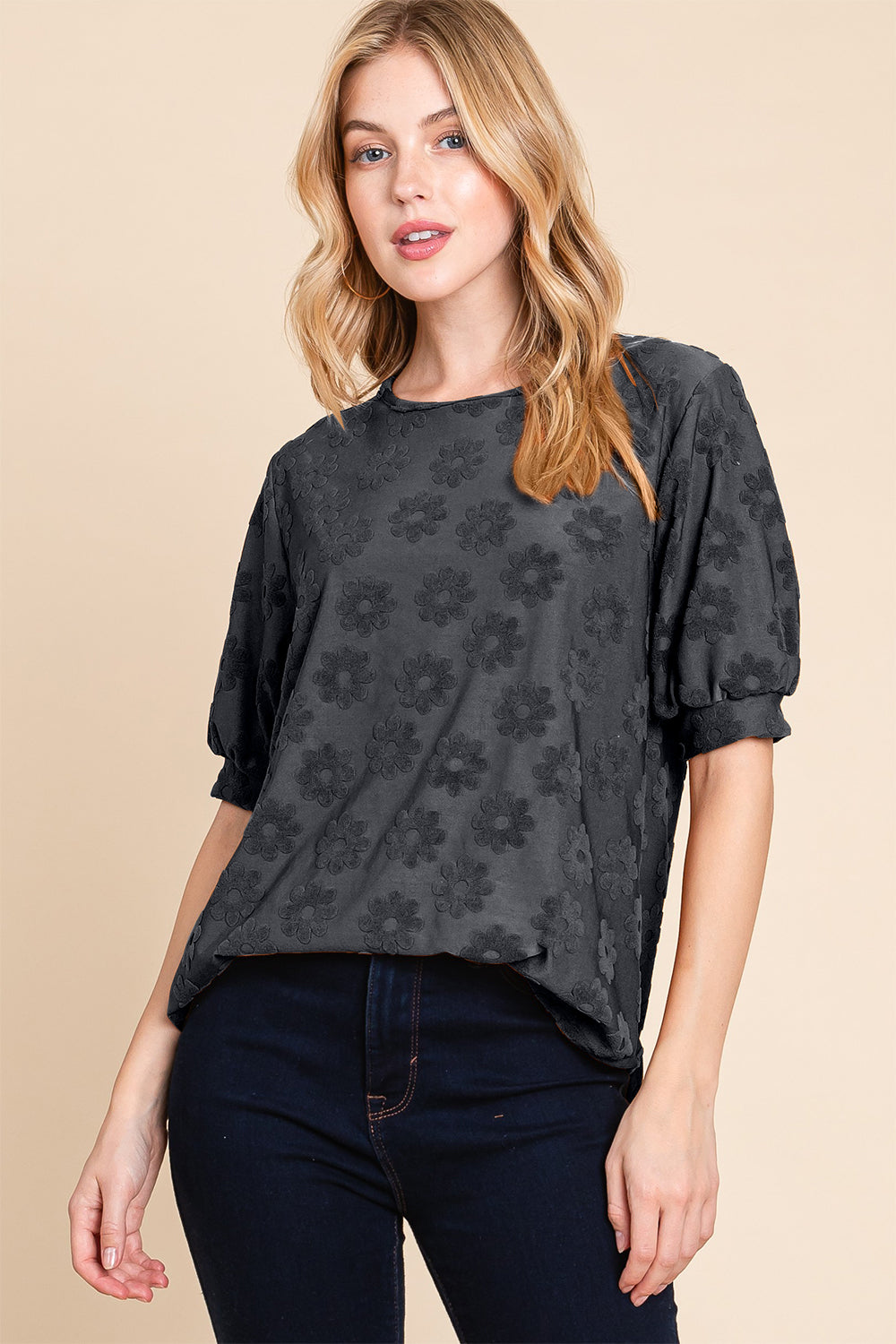 BOMBOM Textured Floral Pattern Top Black Blouses & Shirts JT's Designer Fashion