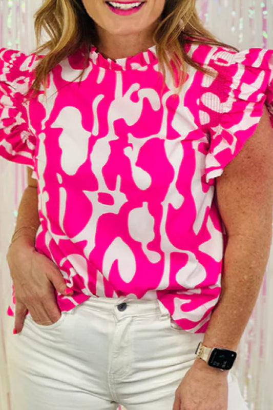 Bright Pink Printed Plus Size Ruffle Sleeve Blouse Plus Size JT's Designer Fashion