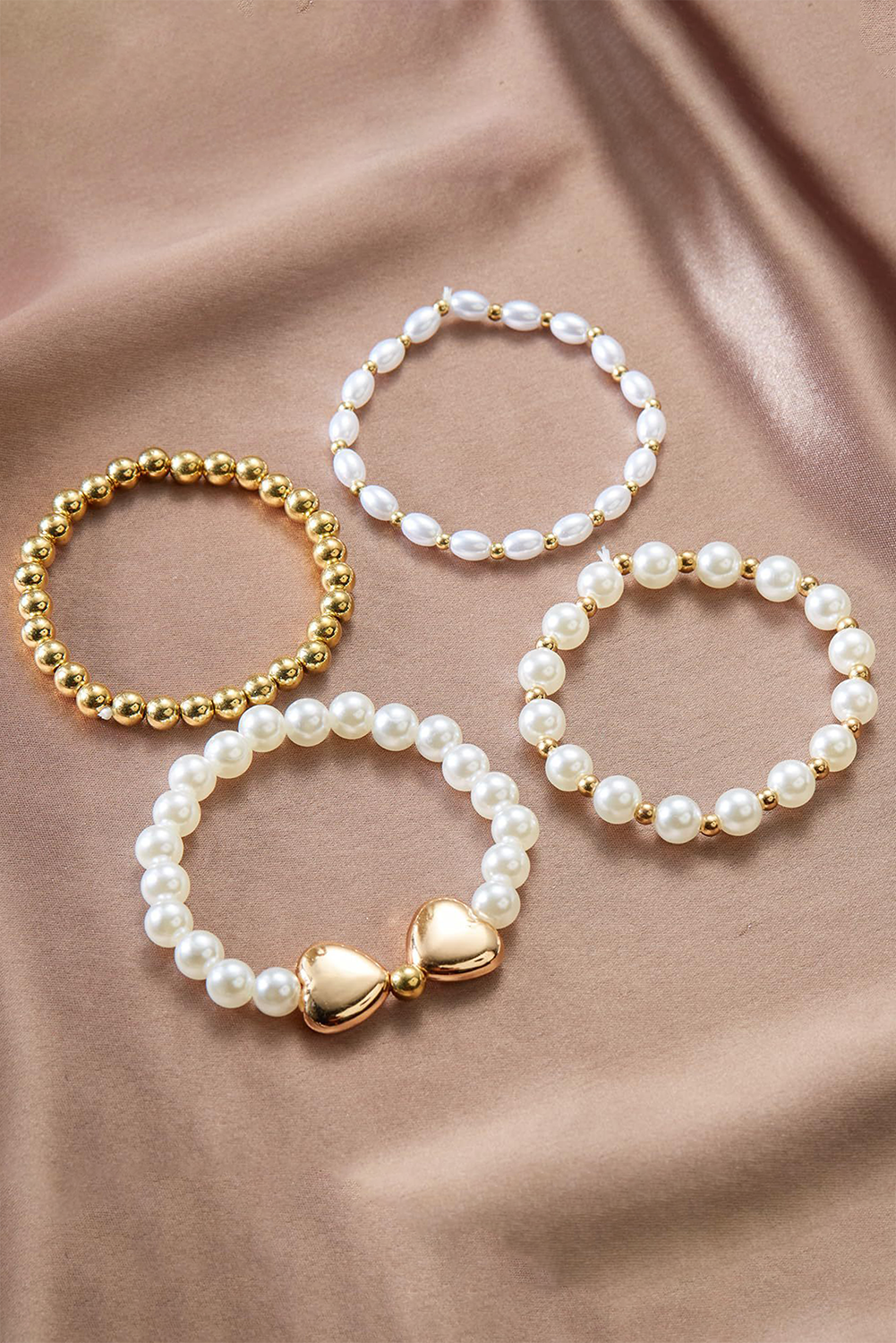 Gold Heart Pearl Plated Beaded Elastic Bracelet Set Jewelry JT's Designer Fashion