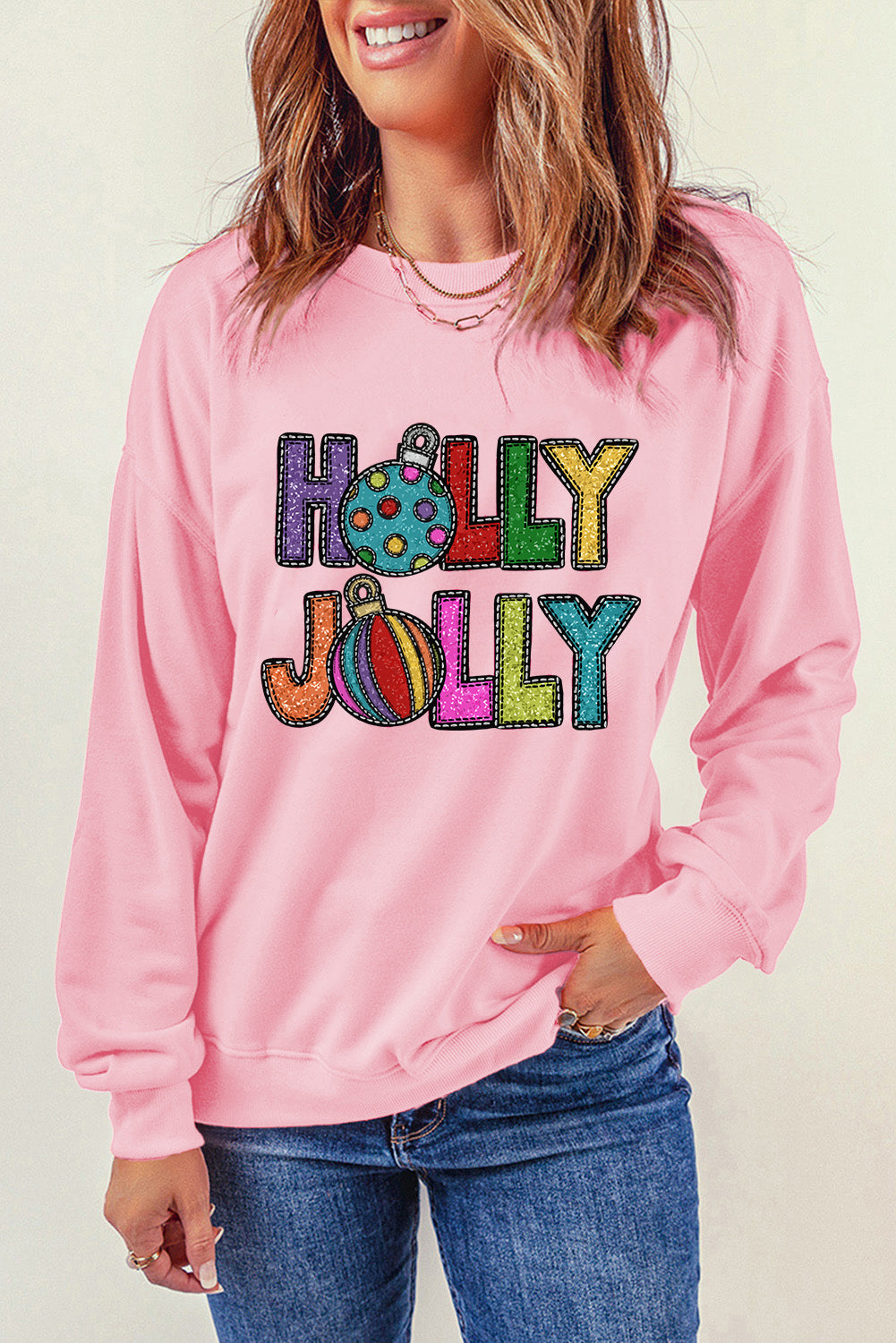 Pink HOLLY JOLLY Christmas Festive Letter Graphic Sweatshirt Graphic Sweatshirts JT's Designer Fashion