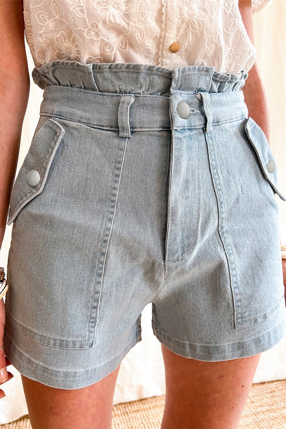 Beau Blue Ruffled High Waist Flap Pockets Denim Shorts Pre Order Bottoms JT's Designer Fashion