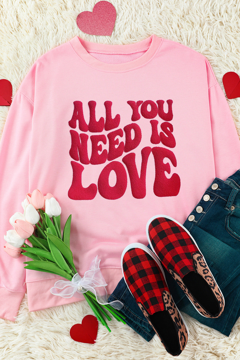 Pink ALL YOU NEED IS LOVE Valentines Slogan Printed Sweatshirt Graphic Sweatshirts JT's Designer Fashion