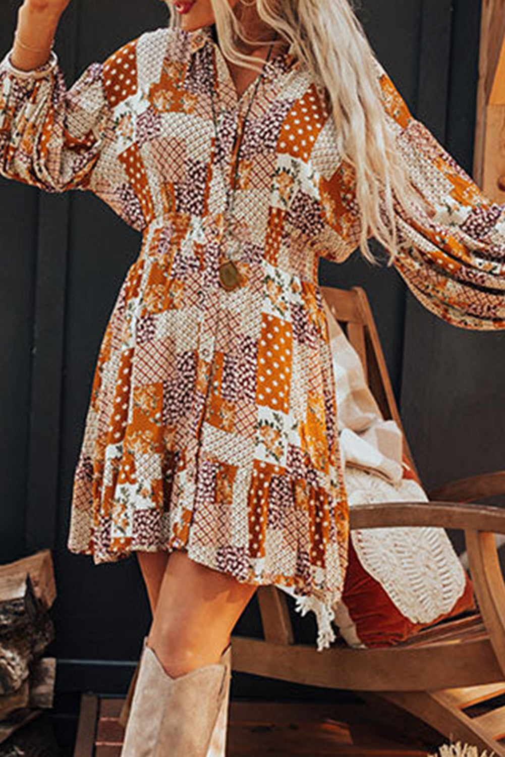 Orange Boho Floral Puff Sleeve Smocked Waist Mini Shirt Dress Mini Dresses JT's Designer Fashion