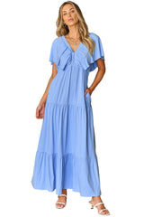Sky Blue Textured V Neck Flutter Sleeve Ruffled Maxi Dress Maxi Dresses JT's Designer Fashion