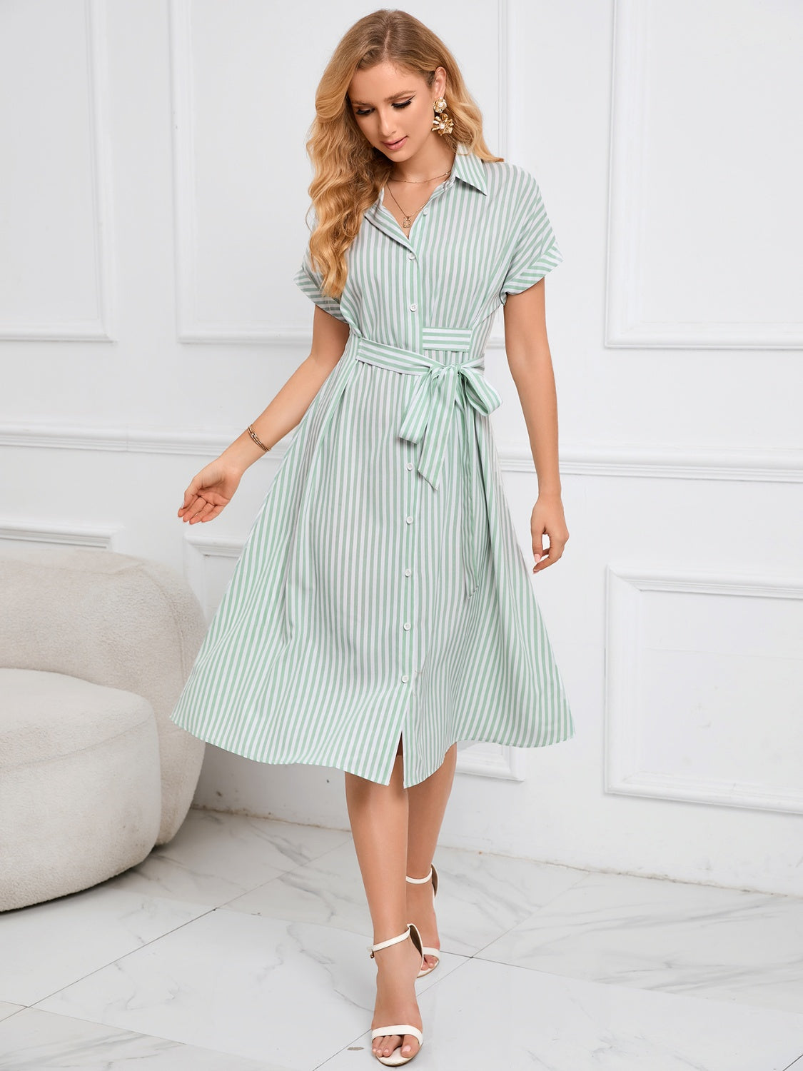 Striped Short Sleeve Tie Waist Midi Dress Midi Dresses JT's Designer Fashion