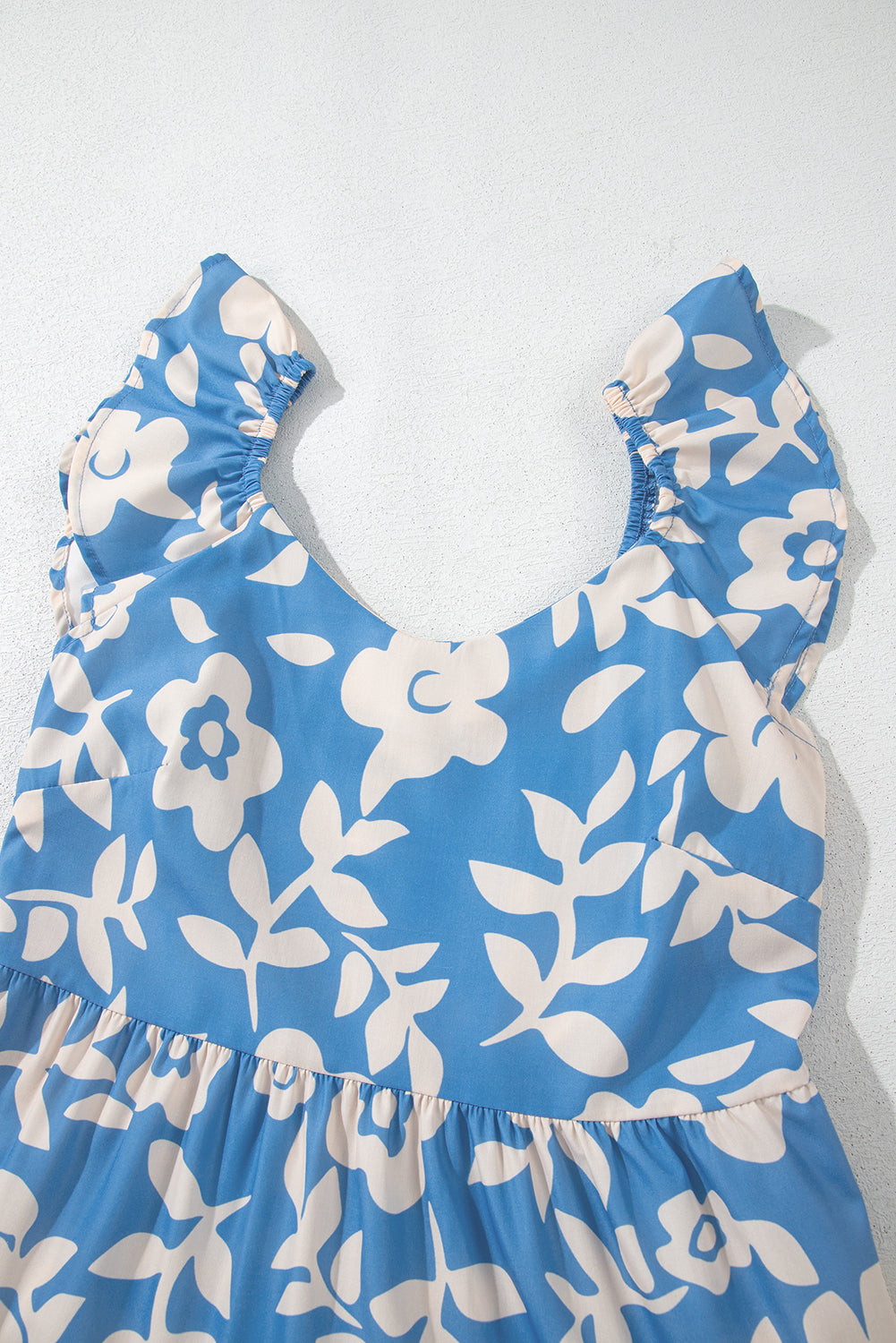 Sky Blue Floral U Neck Flutter Shoulder Tiered Flowy Midi Dress Floral Dresses JT's Designer Fashion