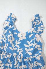 Sky Blue Floral U Neck Flutter Shoulder Tiered Flowy Midi Dress Floral Dresses JT's Designer Fashion