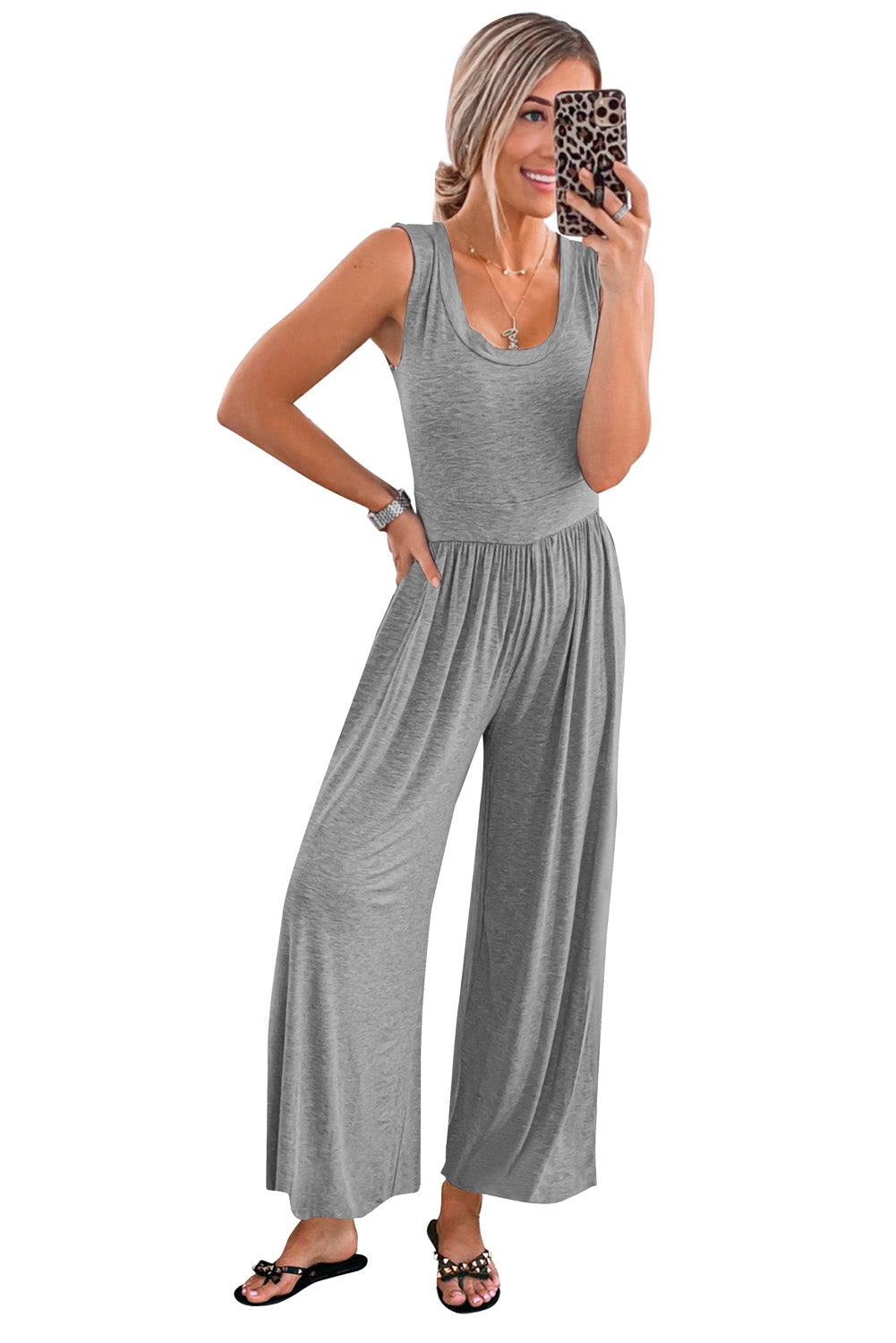 Gray Sleeveless Wide Leg Jumpsuit Jumpsuits & Rompers JT's Designer Fashion