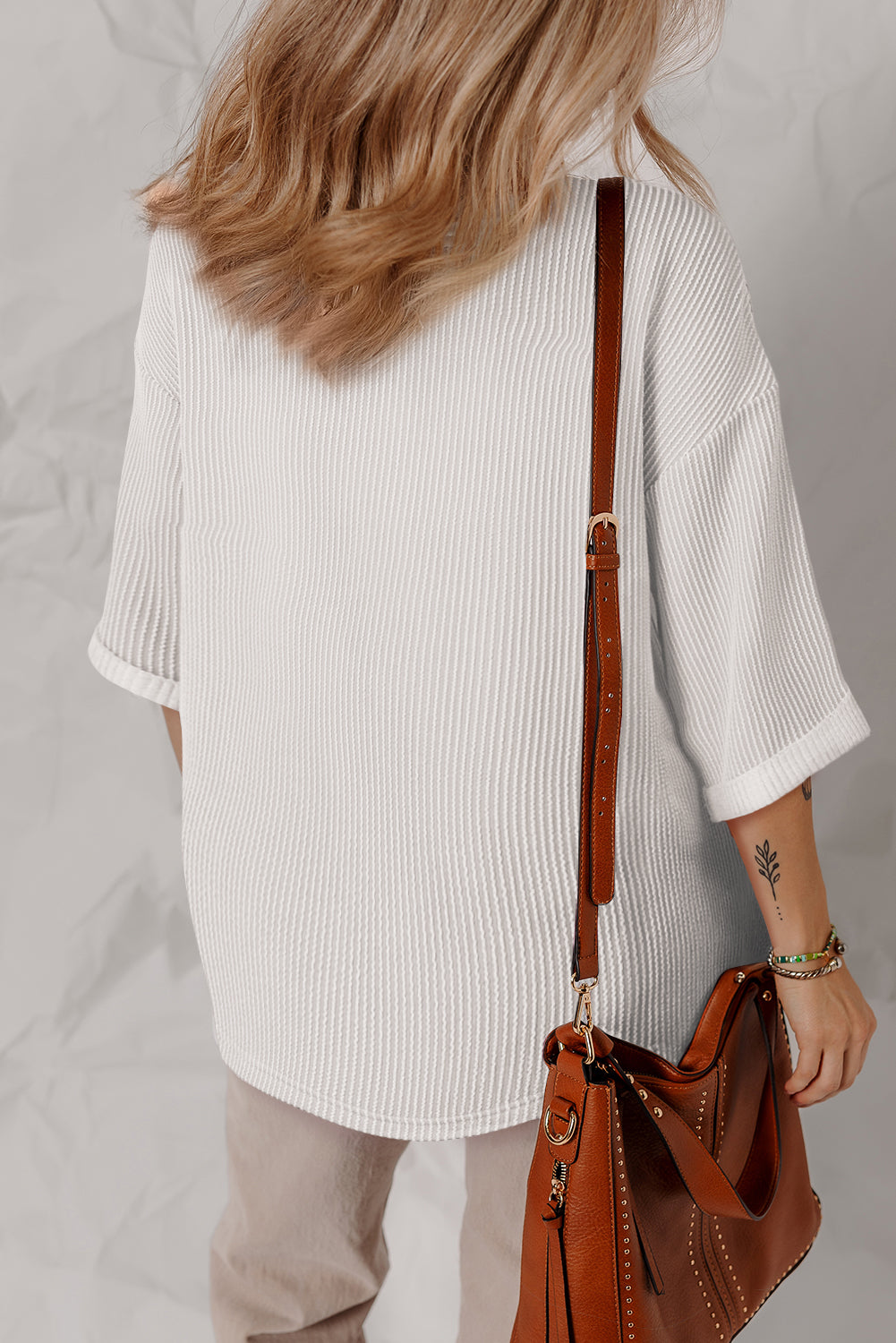 White Solid Color Corded Drop Shoulder 3/4 Sleeve V Neck Top Long Sleeve Tops JT's Designer Fashion