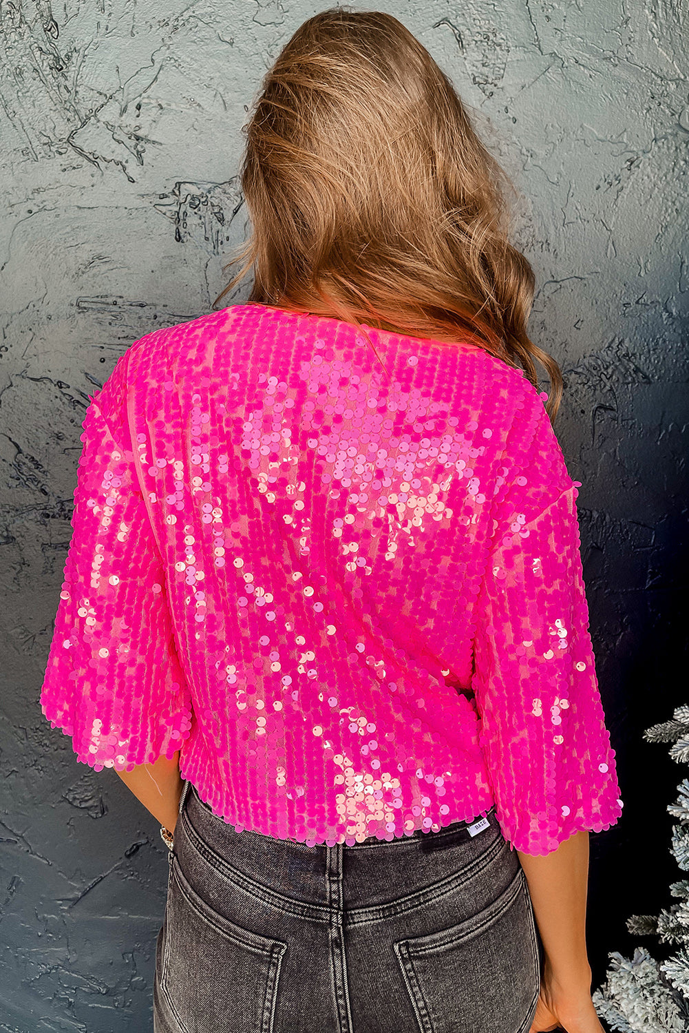 Bright Pink Sequin Round Neck Half Sleeve Top Tops & Tees JT's Designer Fashion