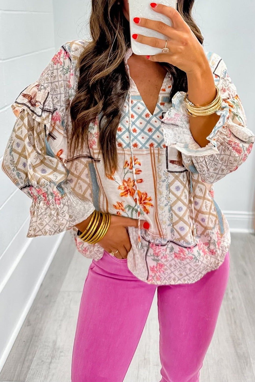 Multicolour Boho Floral Patched Ruffled Sleeve Tied Neck Blouse Blouses & Shirts JT's Designer Fashion