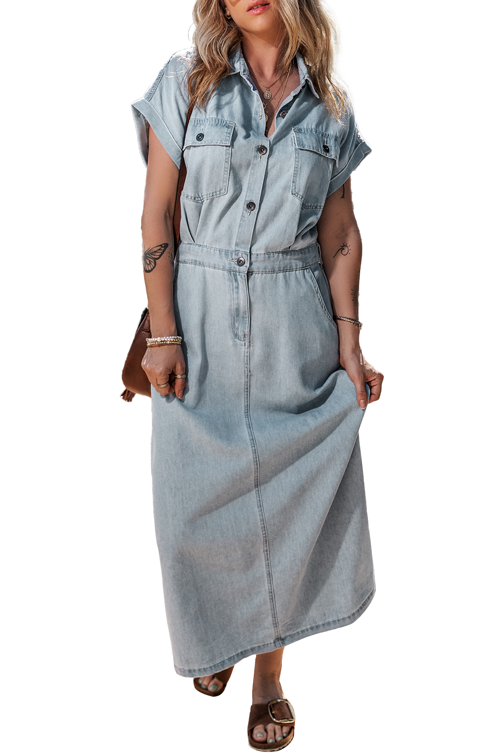 Beau Blue Short Batwing Sleeve Slit Back Denim Dress Maxi Dresses JT's Designer Fashion