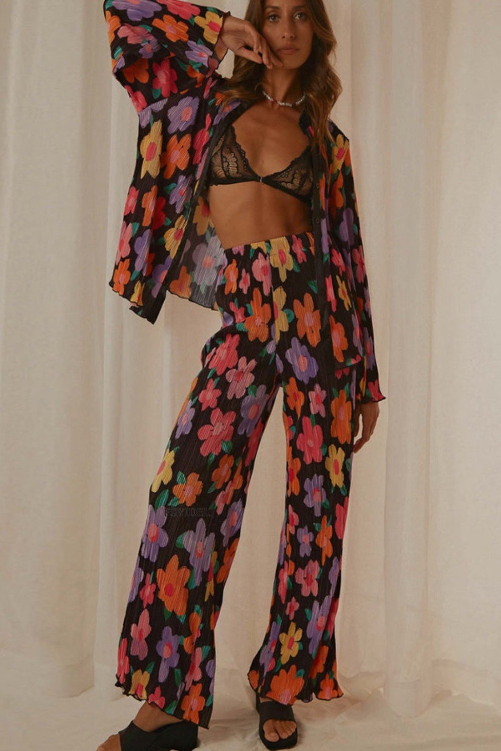 Printed Collared Neck Long Sleeve Top and Pants Lounge Set Black Sleepwear JT's Designer Fashion