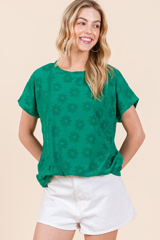 BOMBOM Textured Floral Pattern Short Sleeve T-Shirt Green Blouses & Shirts JT's Designer Fashion