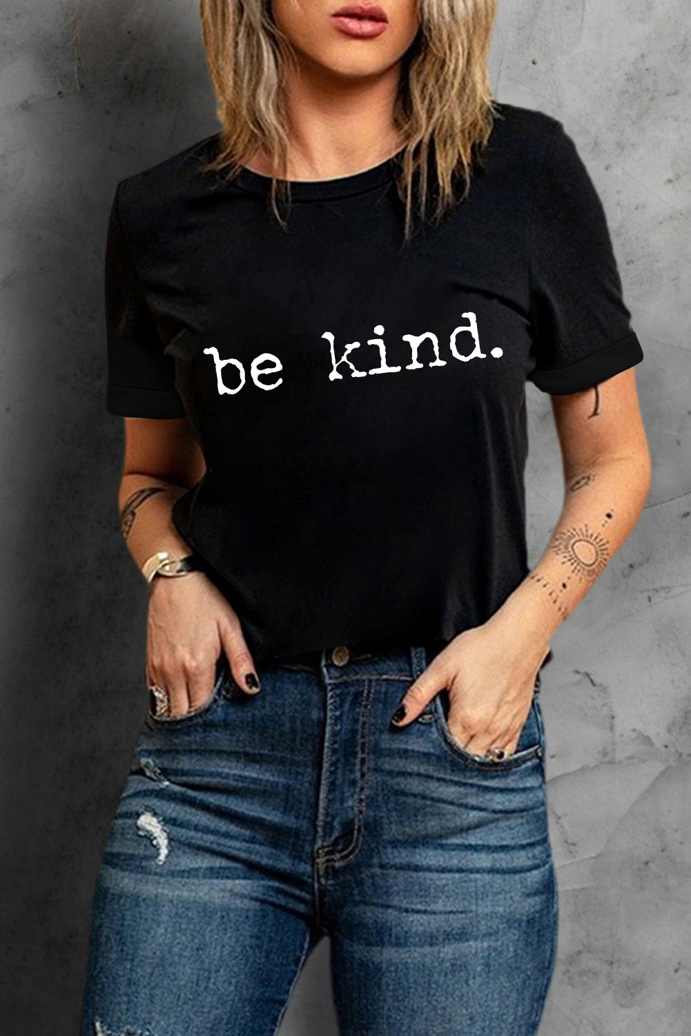 Black be kind Letter Print Round Neck Casual T Shirt Graphic Tees JT's Designer Fashion