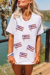 White Sequin Bow American Flag Patched T Shirt Graphic Tees JT's Designer Fashion