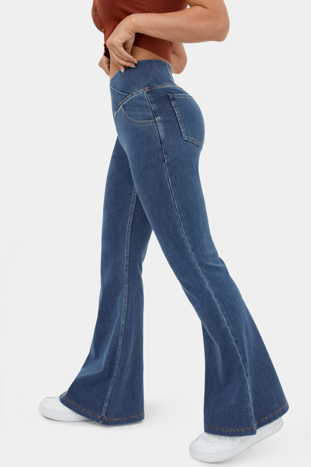 Sail Blue Crossover High Waisted Stretchy Flare Jeans Bottoms JT's Designer Fashion