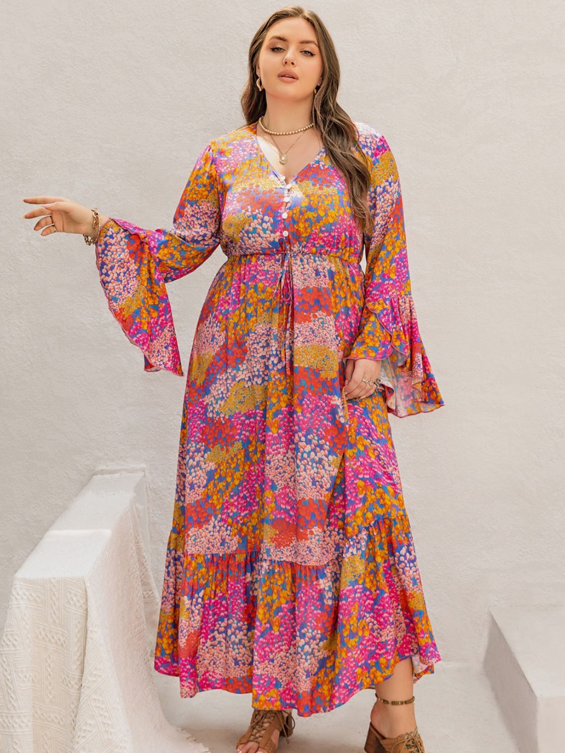 Plus Size Printed V-Neck Long Sleeve Maxi Dress Maxi Dresses JT's Designer Fashion