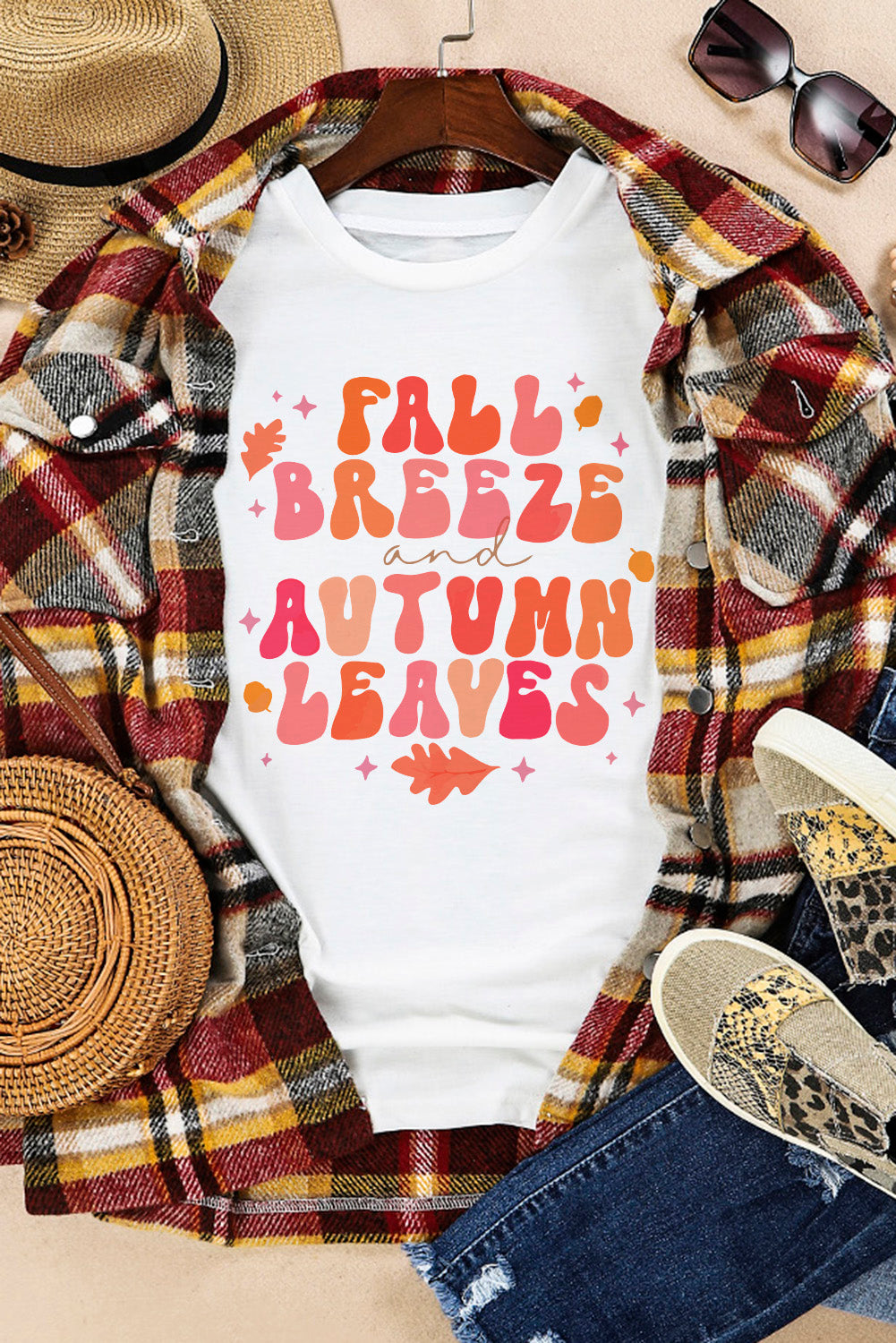 White FALL BREEZE and AUTUMN LEAVES Graphic Tee Graphic Tees JT's Designer Fashion