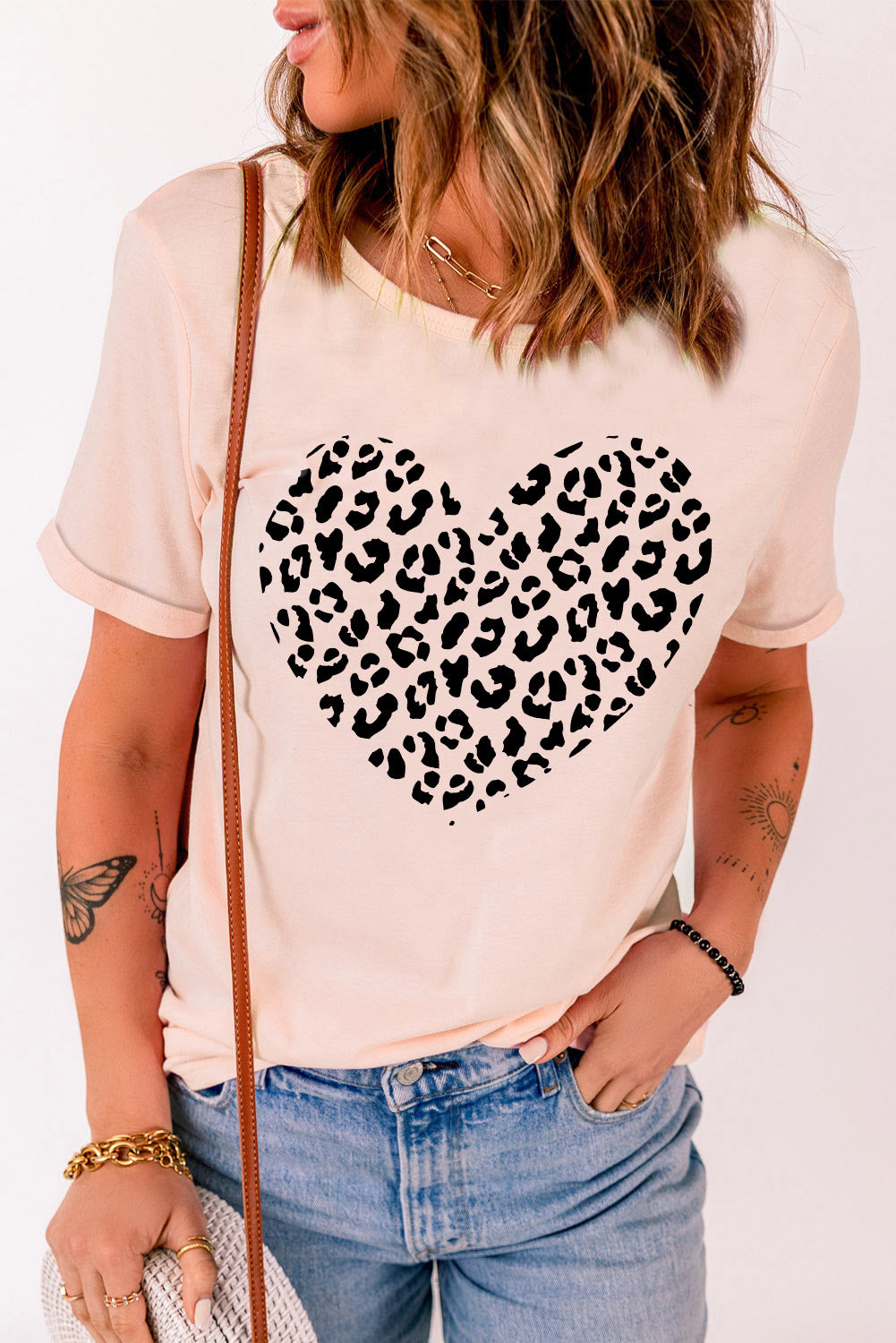 Pink Leopard Heart Shaped Print Crew Neck Graphic Tee Graphic Tees JT's Designer Fashion