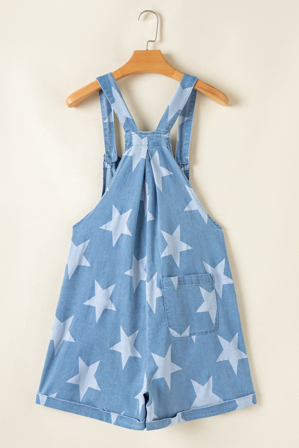 Light Blue Star Printed Buttoned Straps Pocketed Denim Romper Jumpsuits & Rompers JT's Designer Fashion