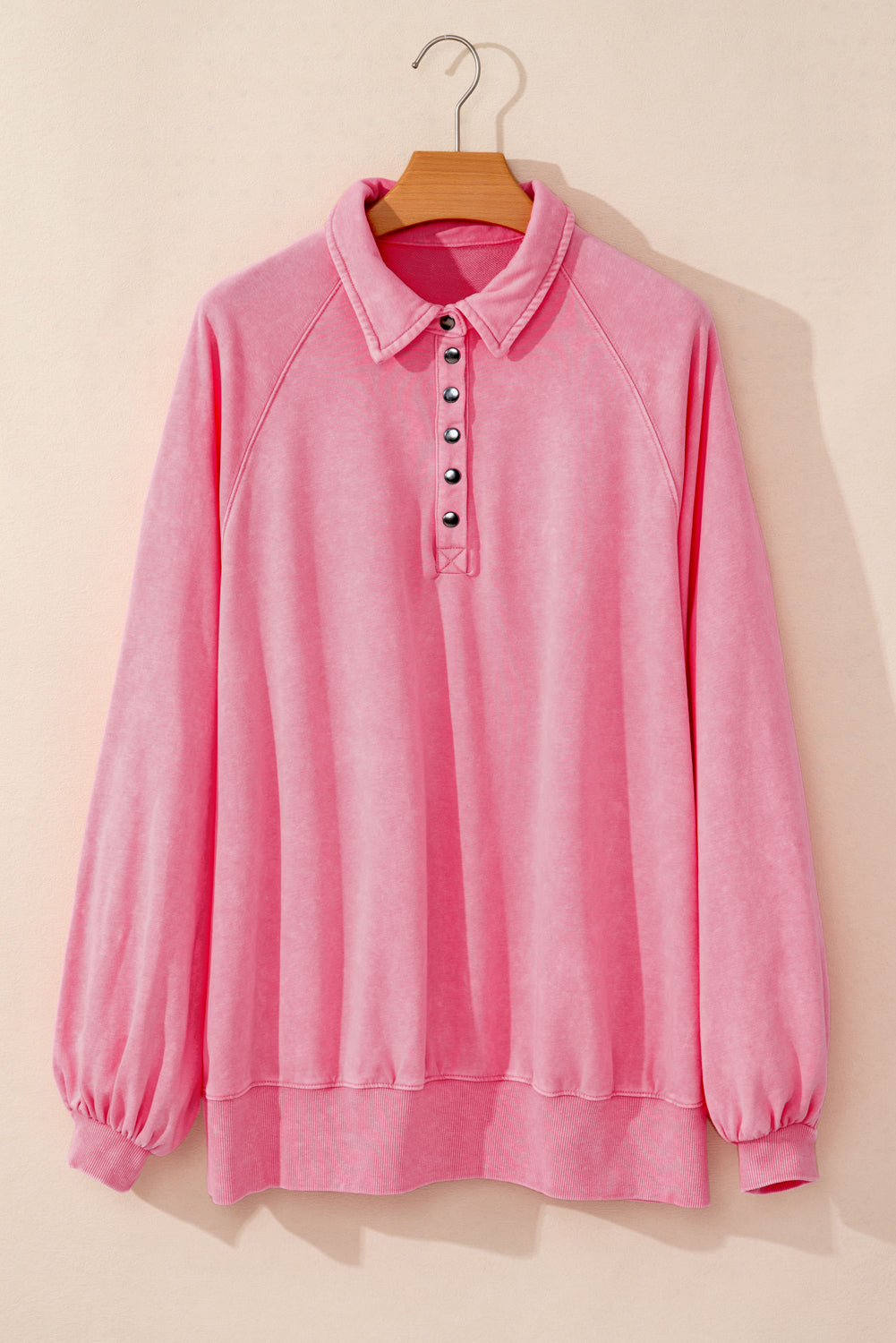 Pink Solid Snap Buttons Collared Balloon Sleeve Oversized Sweatshirt Sweatshirts & Hoodies JT's Designer Fashion