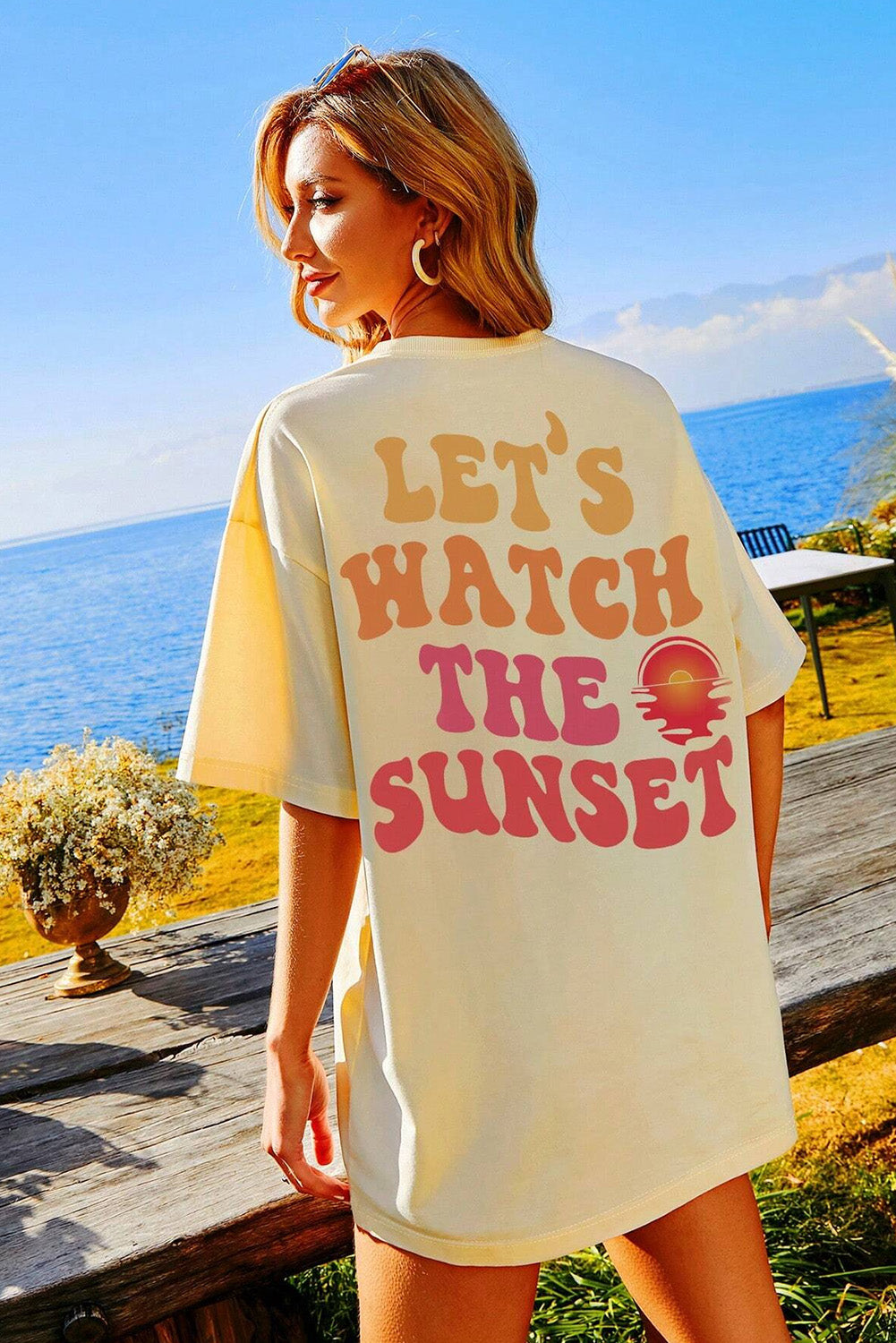 Yellow Cream Back LET'S WATCH THE SUNSET Print Half Sleeve Tee Tops & Tees JT's Designer Fashion