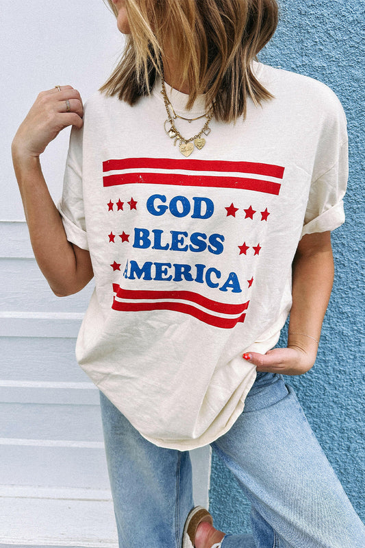 White GOD BLESS AMERICAN Star and Stripe Graphic Tee Graphic Tees JT's Designer Fashion