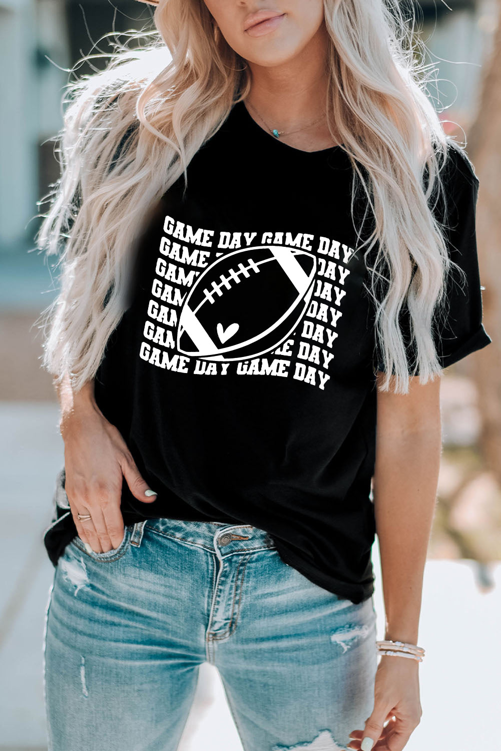 Black GAME DAY Rugby Graphic Print Short Sleeve T Shirt Graphic Tees JT's Designer Fashion