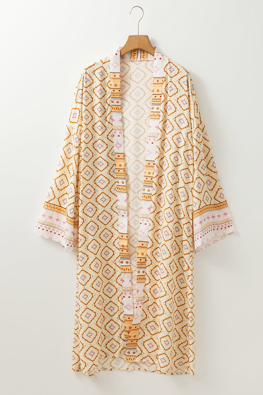 Yellow Bohemian Geometric Printed Loose Sleeve Long Kimono Kimonos JT's Designer Fashion