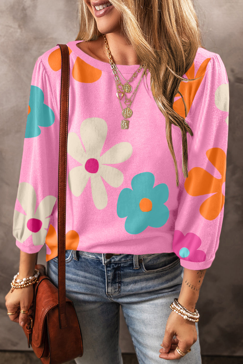 Rose Cute Flower Print Bracelet Sleeve Top Tops & Tees JT's Designer Fashion