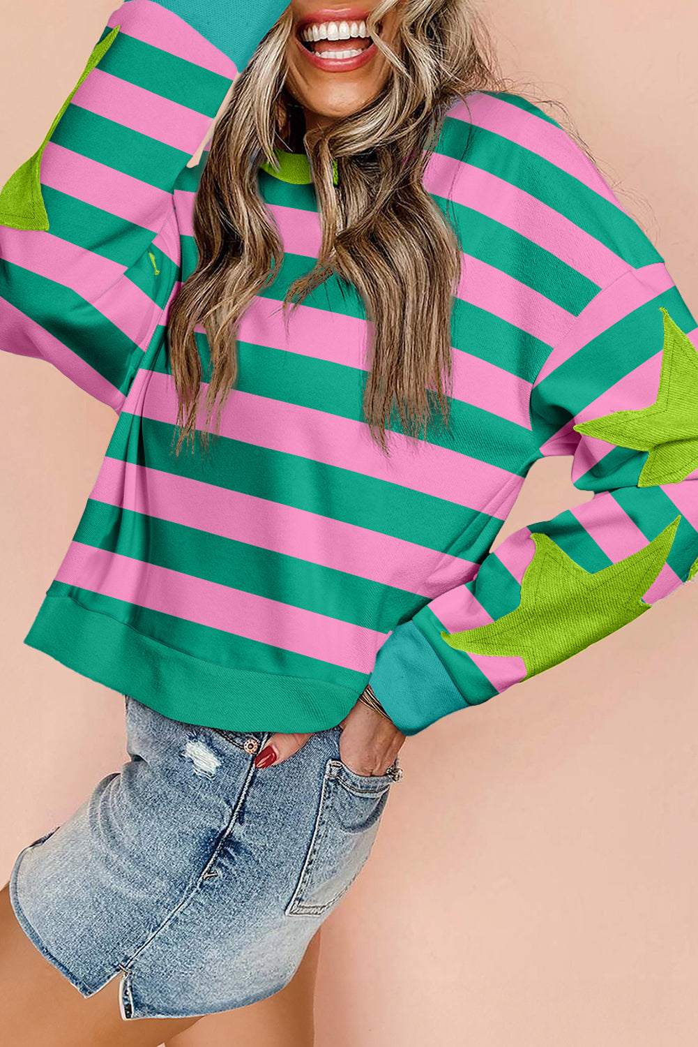 Pink Stripe Star Patchwork Round Neck Pullover Sweatshirt Sweatshirts & Hoodies JT's Designer Fashion