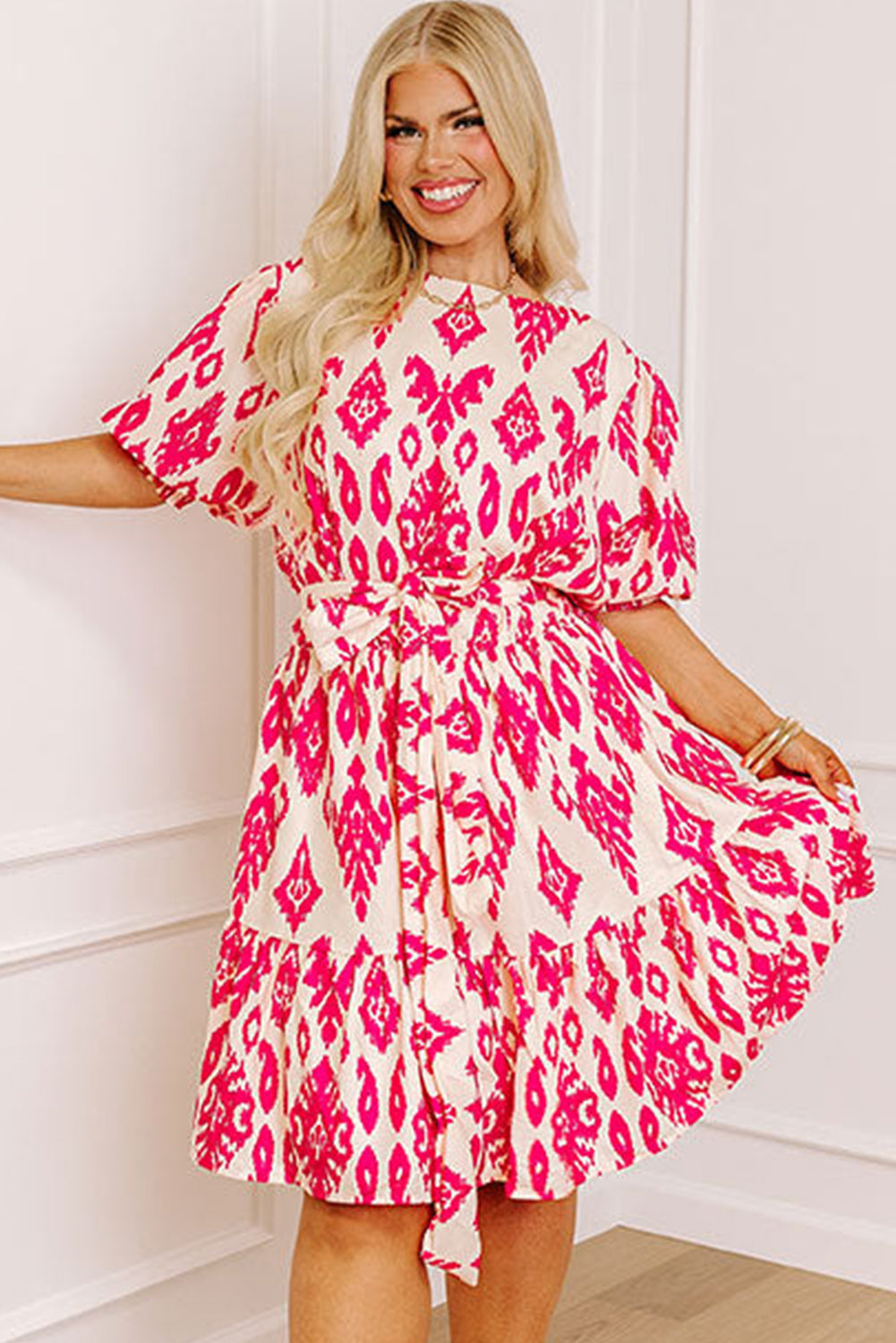 Pink Printed Plus Size Button Keyhole Belted Ruffle Dress Plus Size JT's Designer Fashion