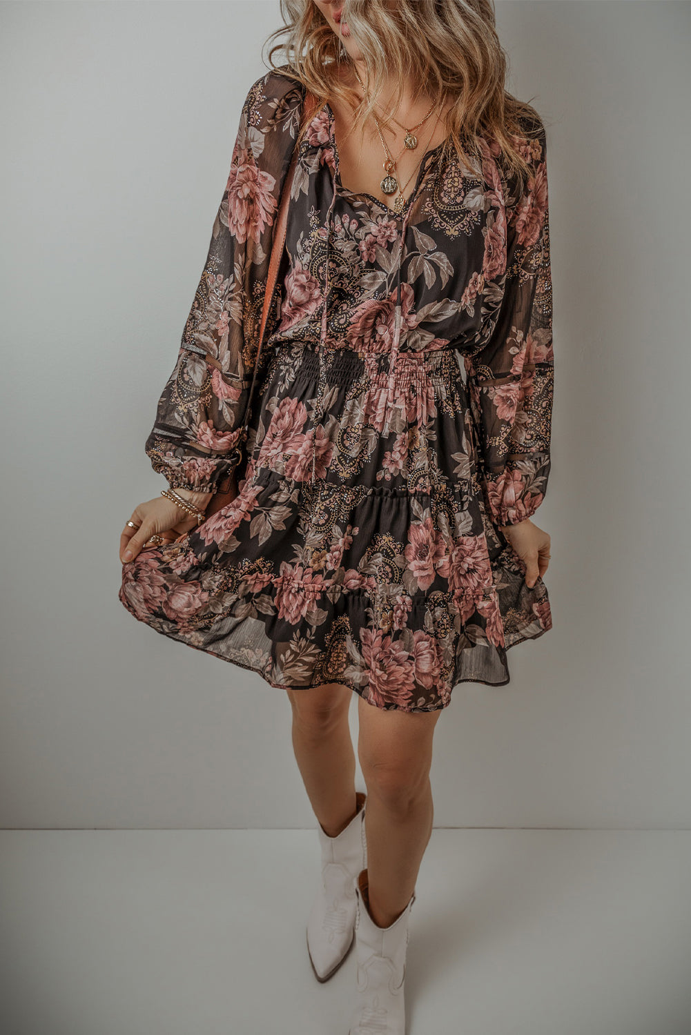 Black Vintage Floral Puff Sleeve V Neck Smock Waist Dress Floral Dresses JT's Designer Fashion