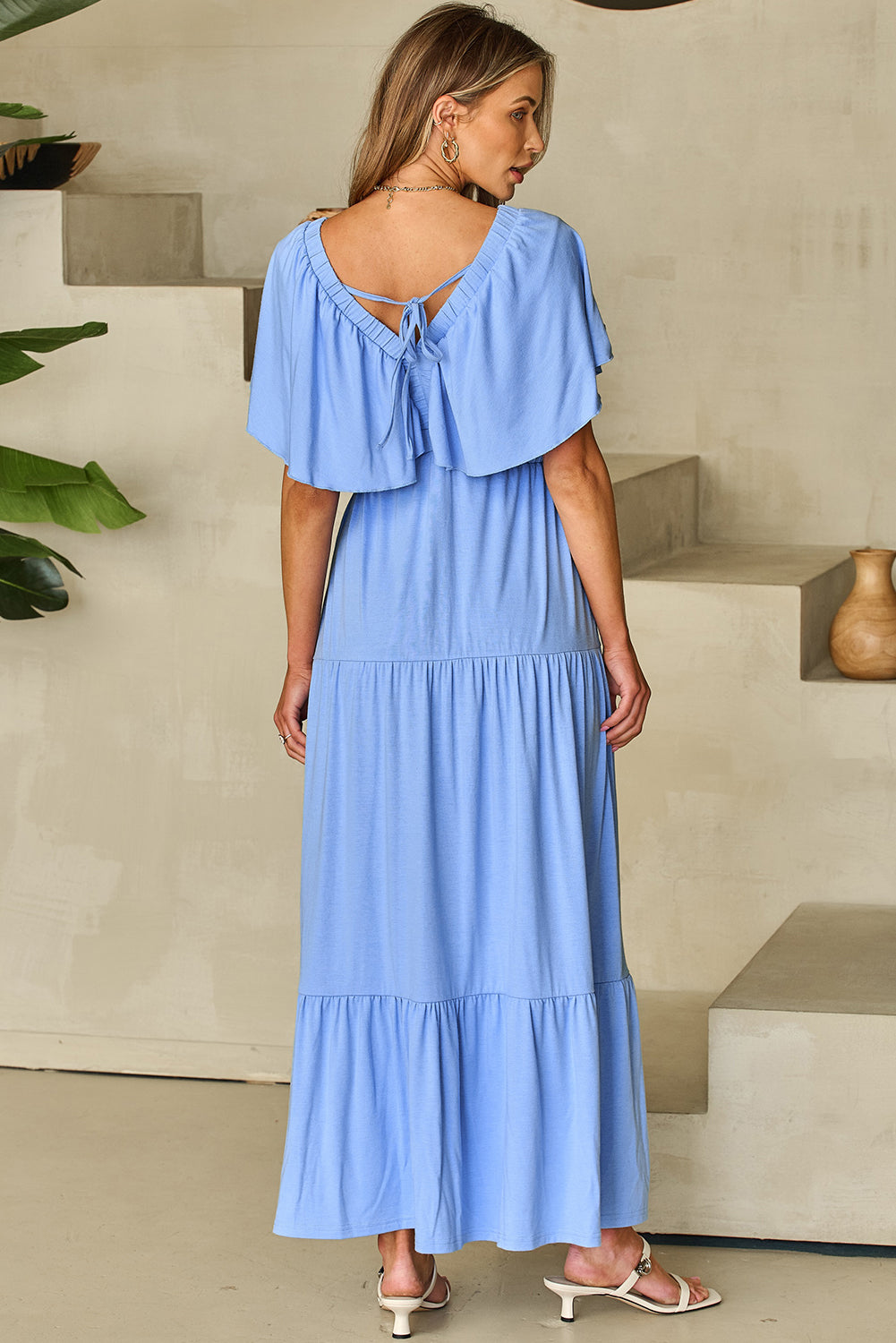 Sky Blue Textured V Neck Flutter Sleeve Ruffled Maxi Dress Maxi Dresses JT's Designer Fashion