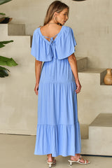 Sky Blue Textured V Neck Flutter Sleeve Ruffled Maxi Dress Maxi Dresses JT's Designer Fashion