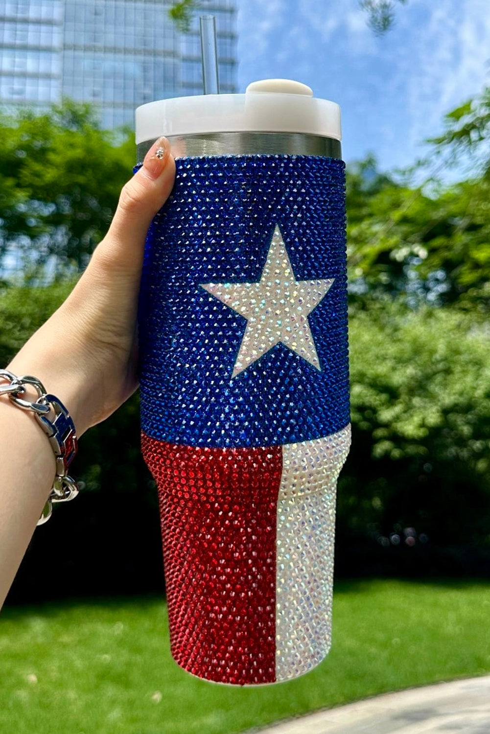 Dark Blue American Flag Star Full Rhinestone Handle Tumbler 40oz Tumblers JT's Designer Fashion