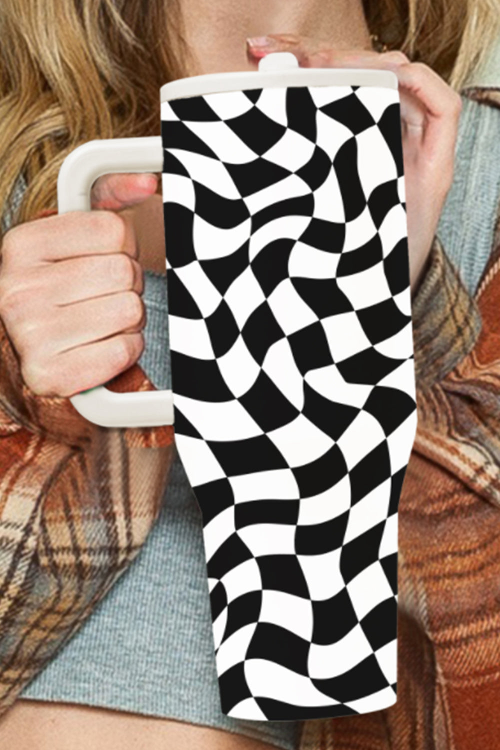 Color black Crazy Checkerboard Vacuum Insulated Travel Cup Tumblers JT's Designer Fashion