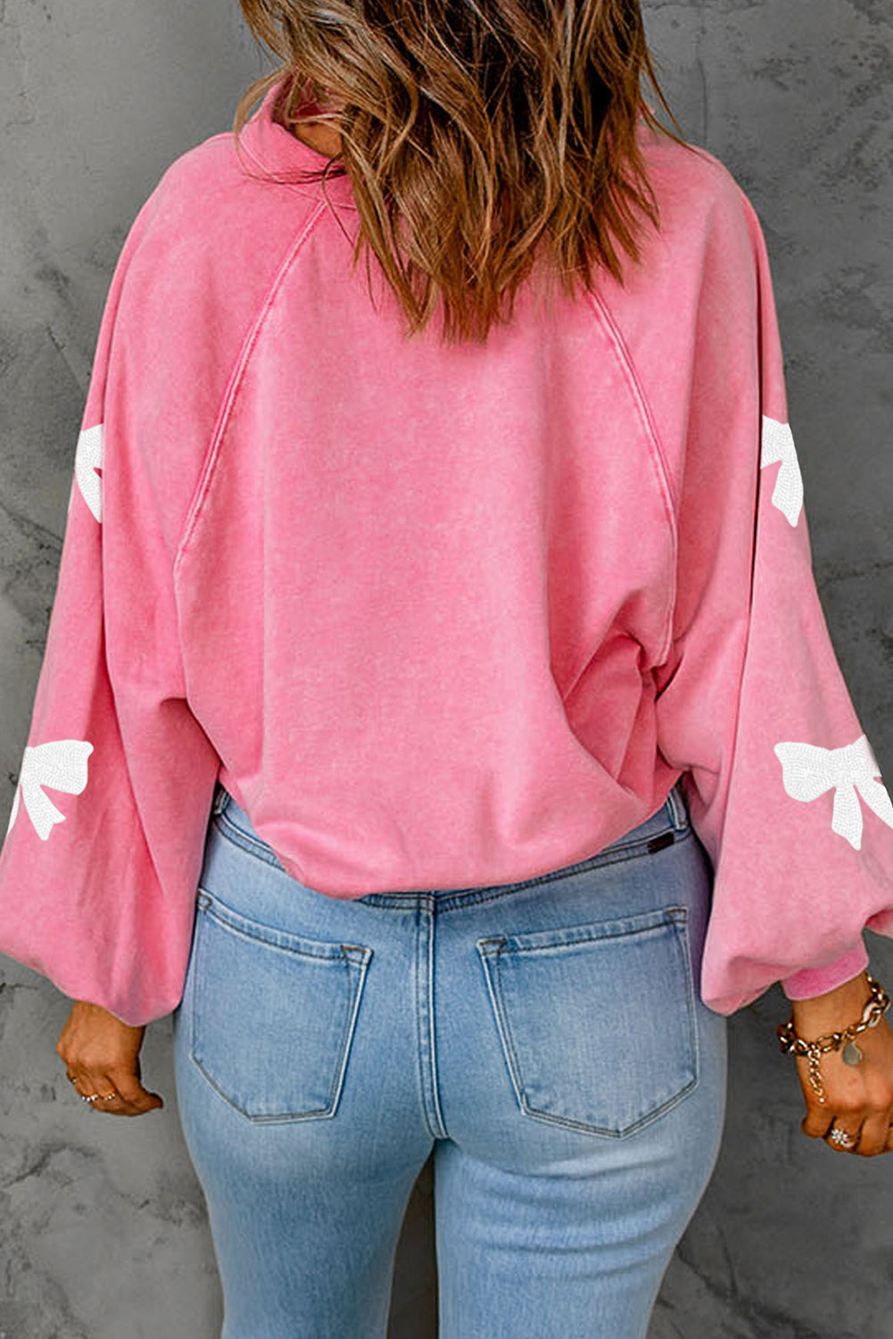 Pink Bow Pattern Snap Buttons Collared Pullover Sweatshirt Graphic Sweatshirts JT's Designer Fashion